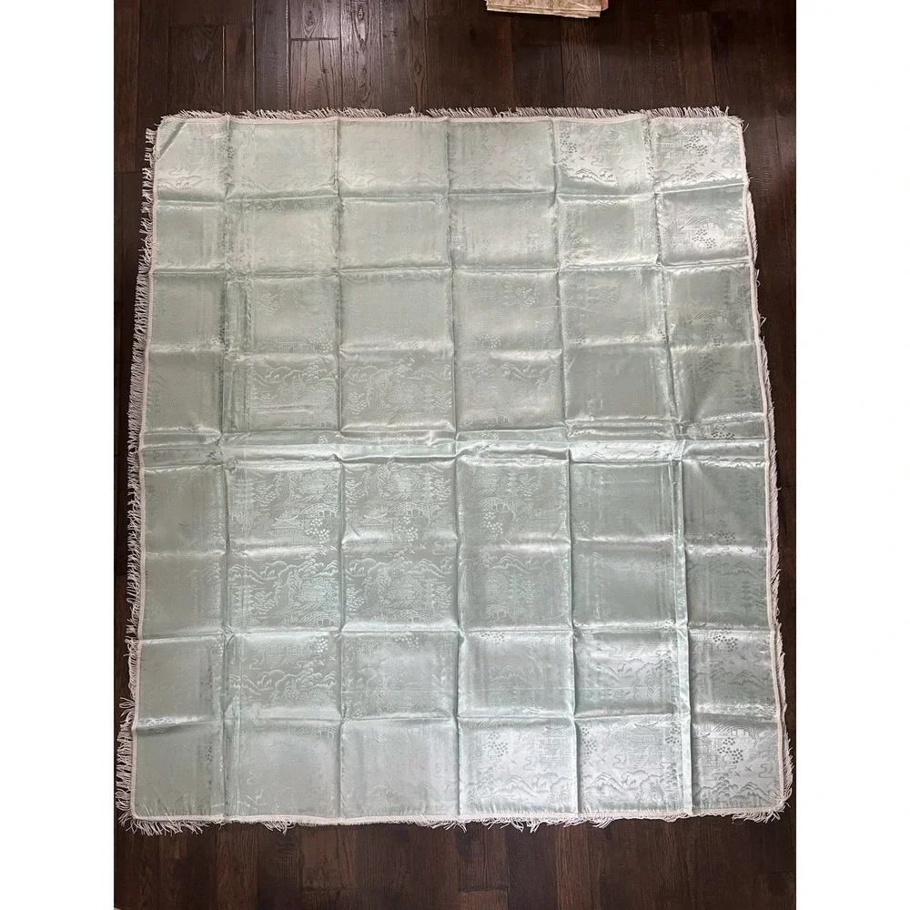 Vtg BROCADED Silky Ice Blue Tablecloth Cover Reversible China Fringe‎ 50x60
